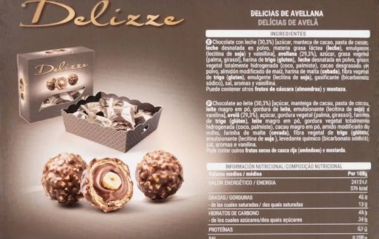 Ingredientes bombones Delizze/ MERCADONA Ingredientes bombones Delizze/ MERCADONA