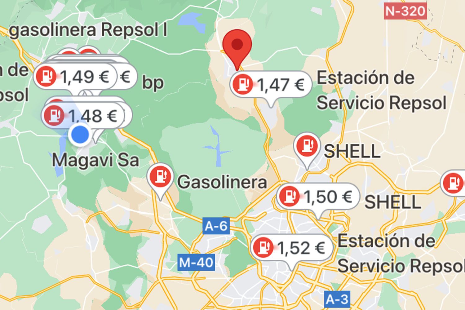 Pantallazo de Google Maps con las gasolineras más baratas