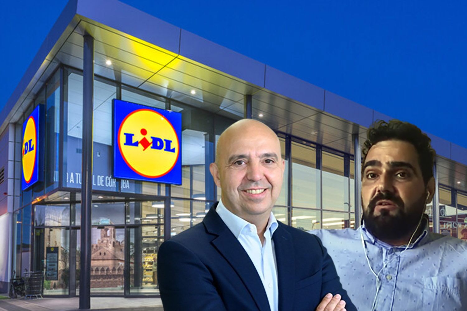 El director general de Lidl, Claus Grande, y el gerente de compras, Jordi Morales, junto a un establecimiento de la cadena de distribución / FOTOMONTAJE CG