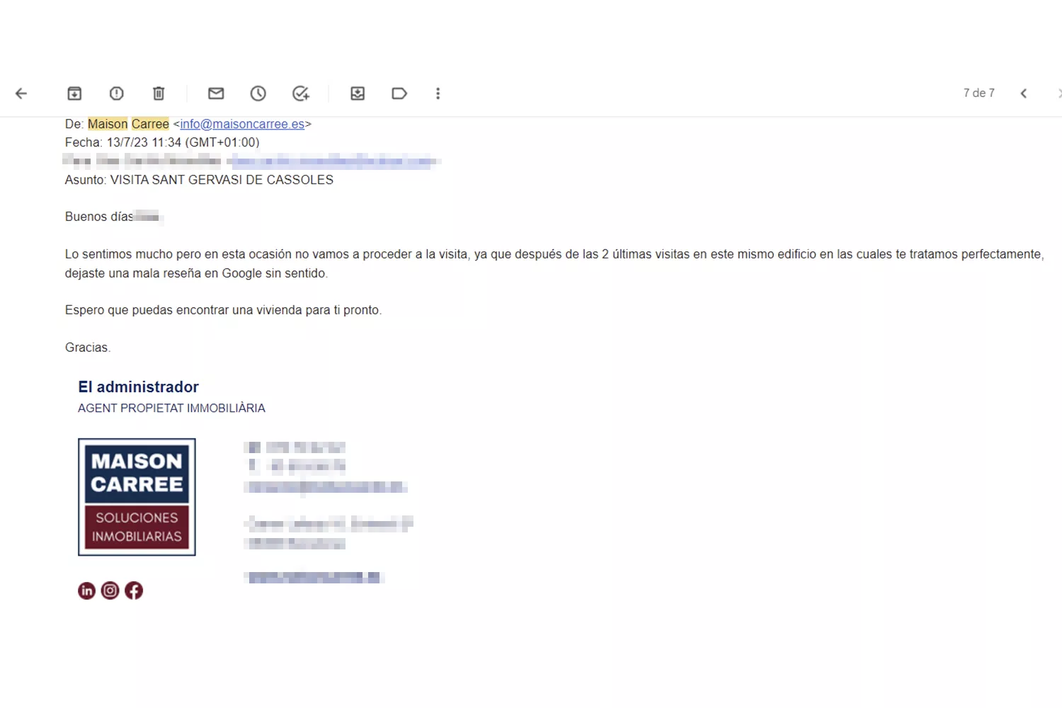 Email de Maison Carree a la clienta afectada