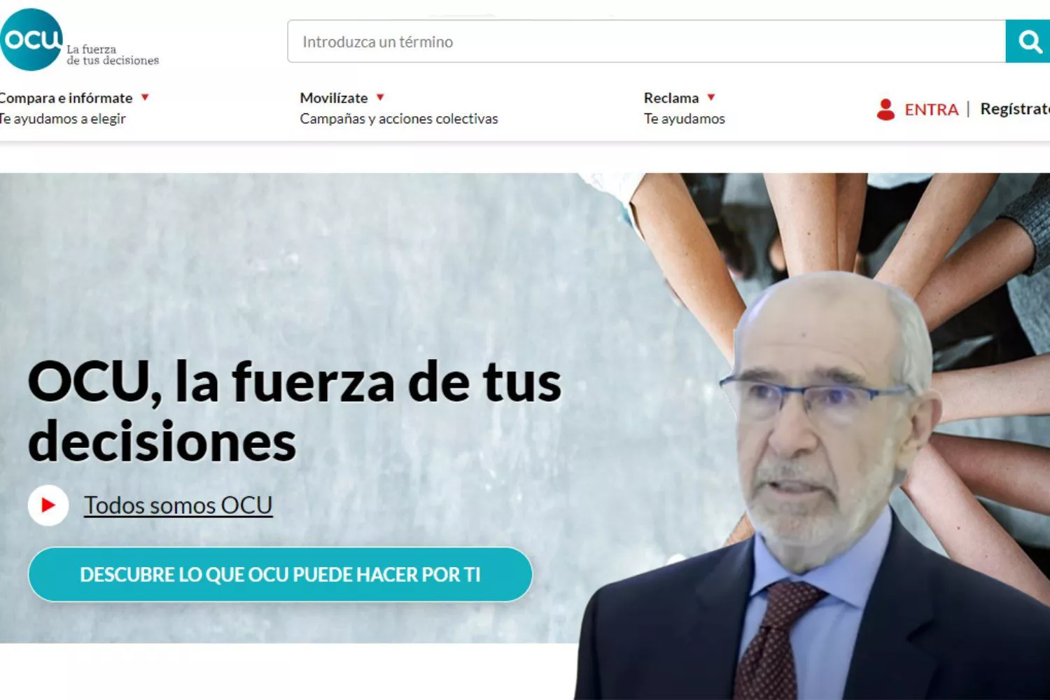 El presidente de la OCU, Miguel Ángel Feito, con la web de la organización de consumidores de fondo / FOTOMONTAJE CG