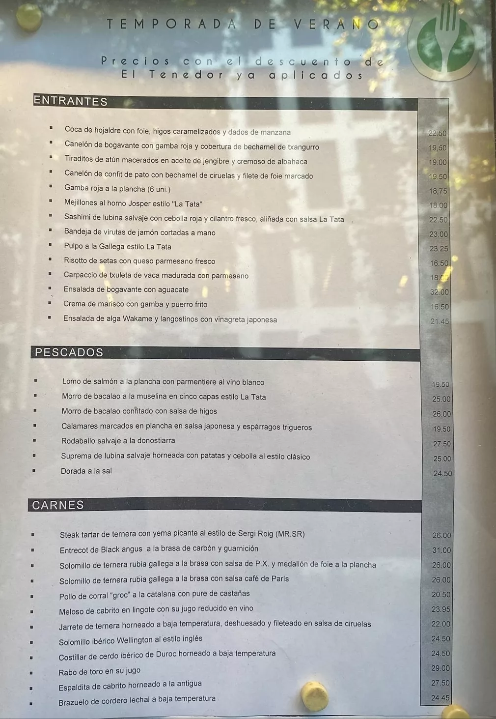 Carta restaurante La Tata con los descuentos de The Fork aplicados / CG