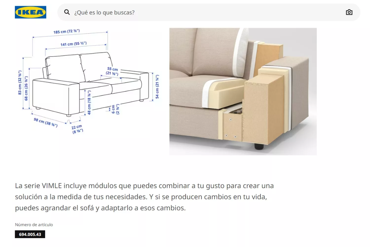 Captura del sofá simple de dos plazas de la serie VIMLE, el mismo que posee Beatriz C. / IKEA 