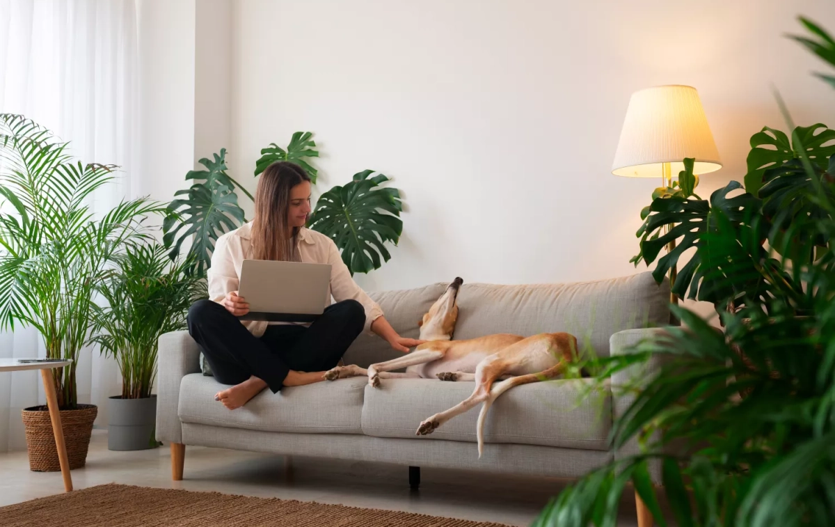 Una persona junto a su perro en el sofá, en un salón con ambientador de Zara Home / FREEPIK