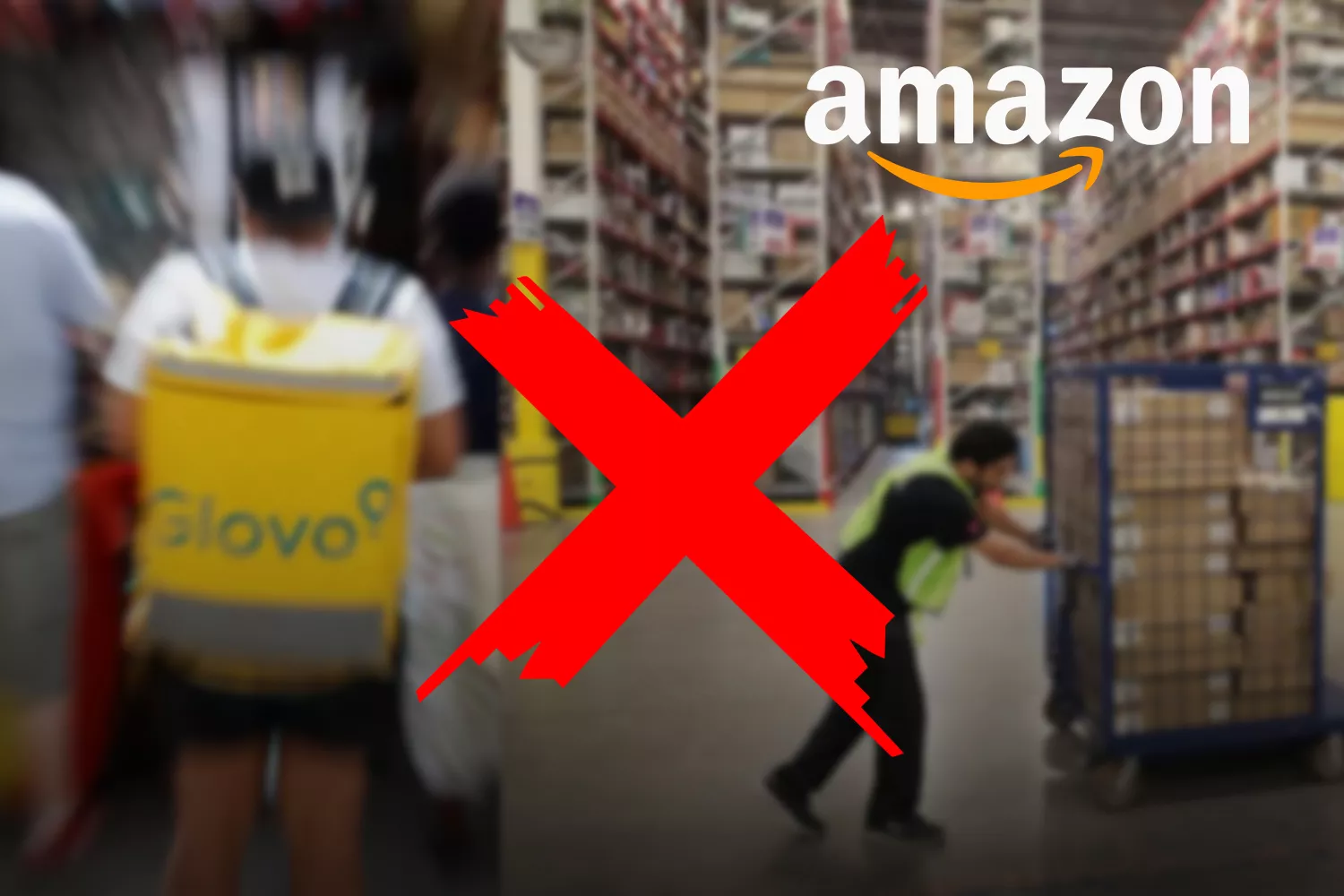 Un montaje con dos imágenes de un rider de Glovo y un empleado de Amazon en un almacén / CG