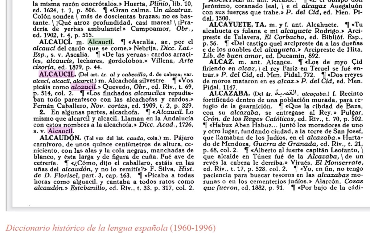 Alcaucil en el Diccionario histórico de la lengua española (1933 1936) / RAE