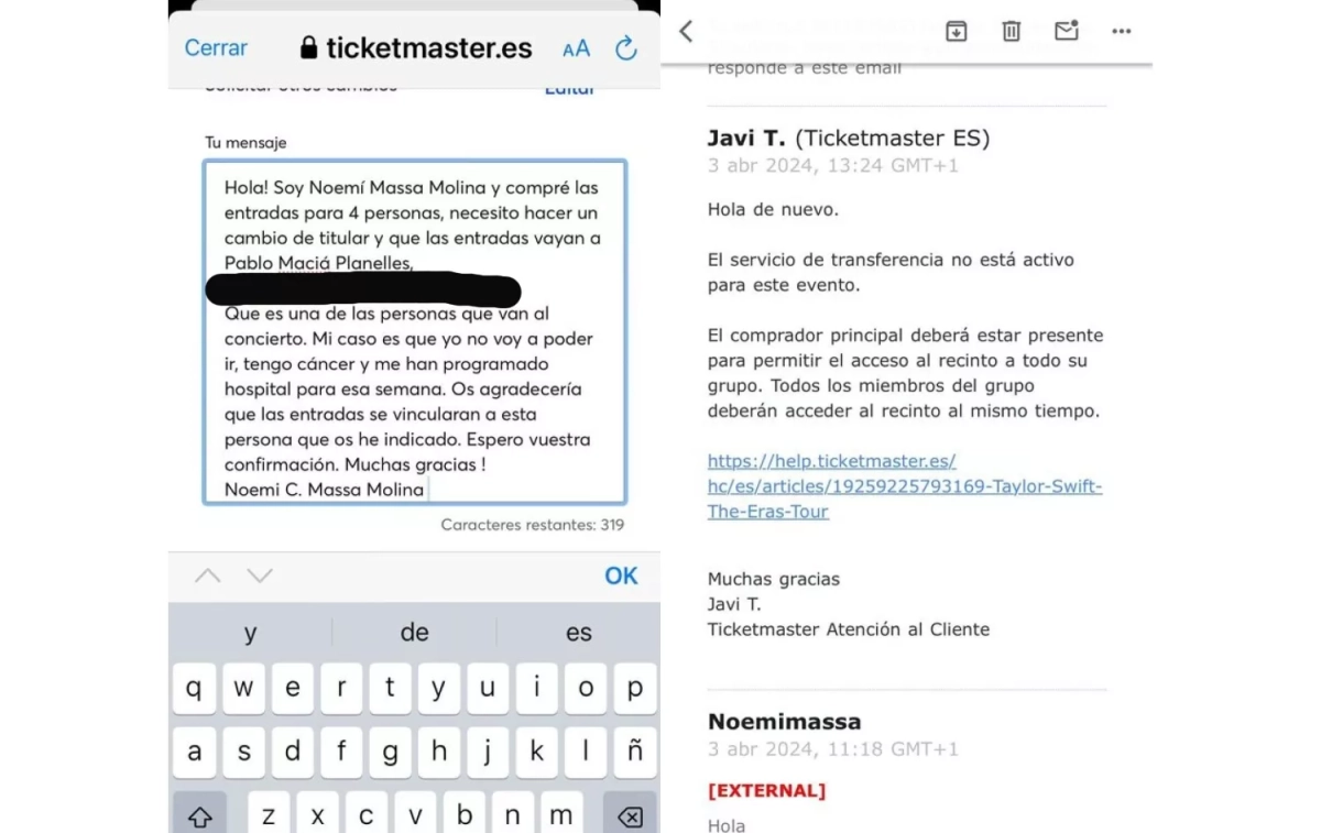 Capturas de la conversación con Ticketmaster   X (TWITTER)