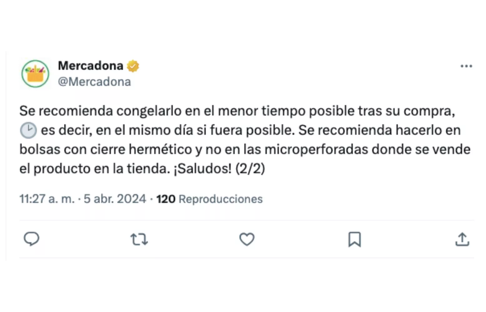 Tuit de Mercadona sobre cómo congelar el pan / X