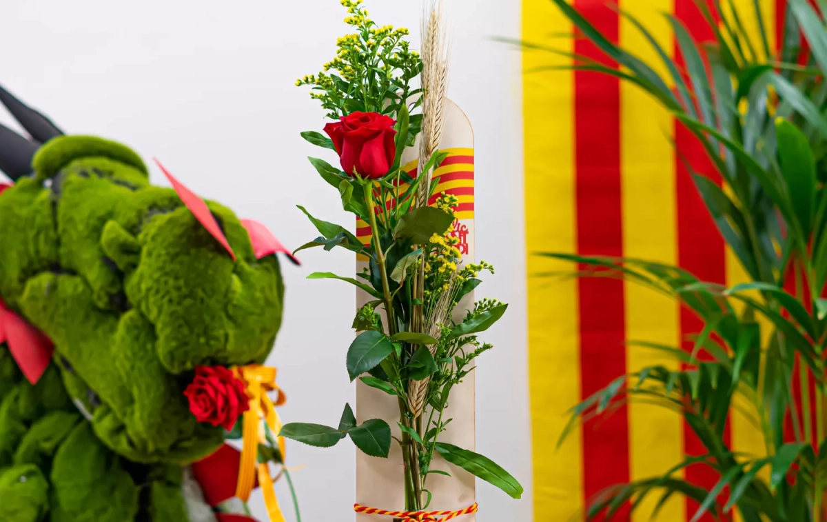 Una rosa con la bandera de Cataluña y un dragón de peluche con una rosa / FLORES NAVARRO