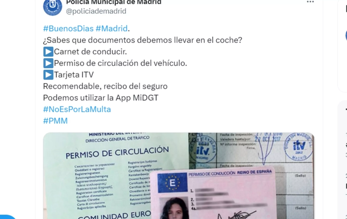 Tuit de la Policía Municipal de Madrid con la documentación necesaria que hay que llevar en el coche / CG