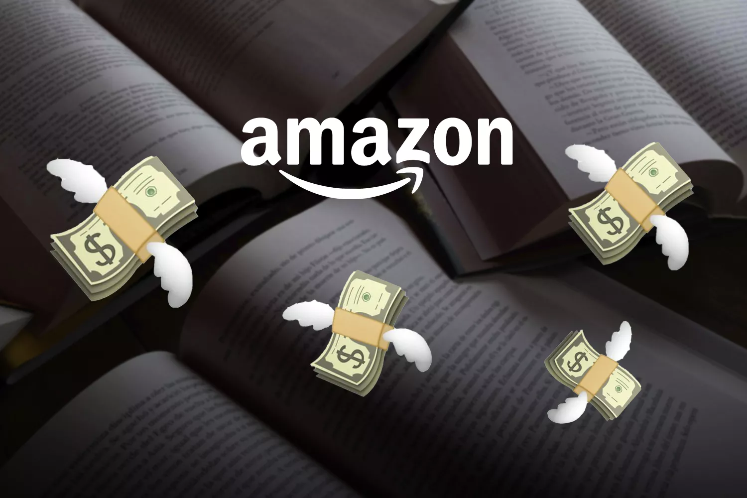 Libros, el logo de Amazon y billetes volando / MONTAJE de CG