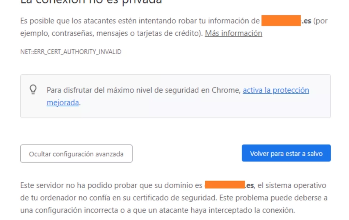 Aviso de que la conexión no es privada / INCIBE