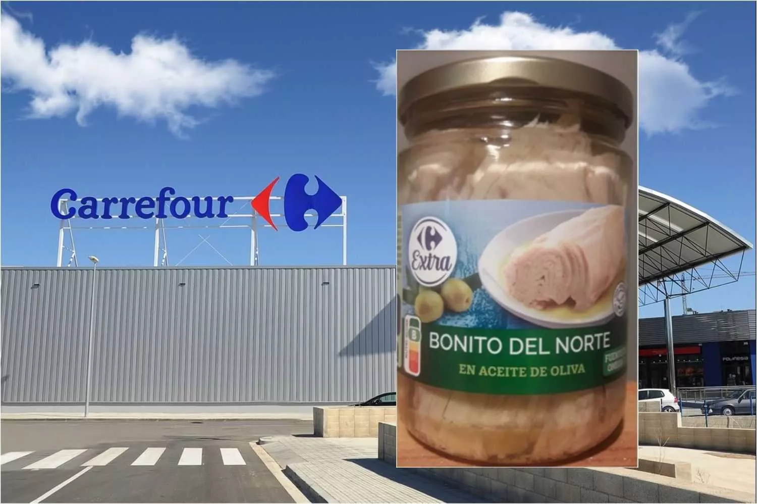 Envase de vidrio de 280 gramos de bonito del norte de Carrefour afectado por una alerta de la Aesan / FOTOMONTAJE CG