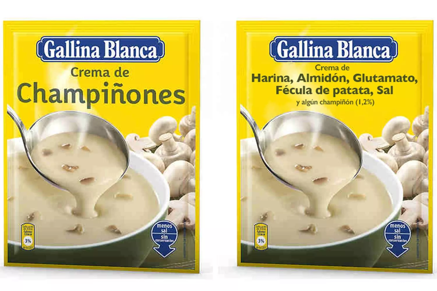 El etiquetado actual de la crema de Gallina Blanca, izquierda; y el etiquetado 'real' del mismo producto / TWITTER