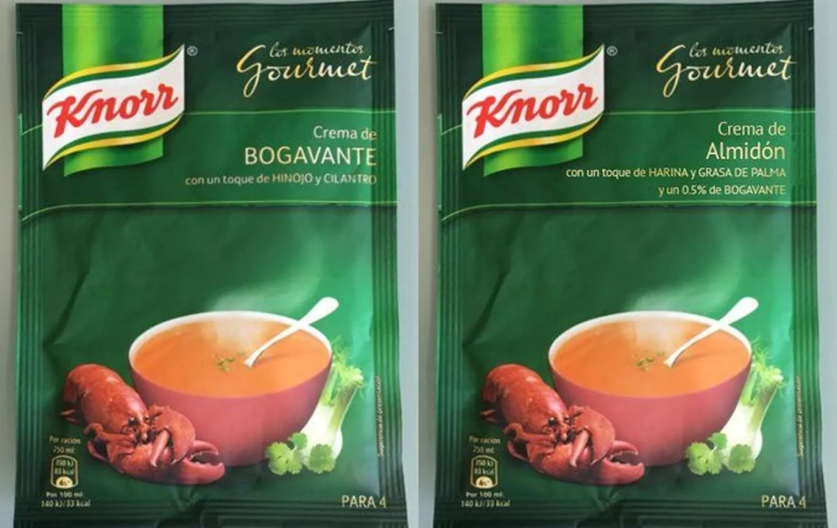 El etiquetado actual de la crema Knorr, a la izquierda, y el etiquetado real a la derecha / TWITTER