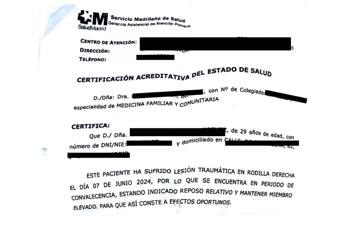 Captura del informe médico de Álvaro F. CEDIDA