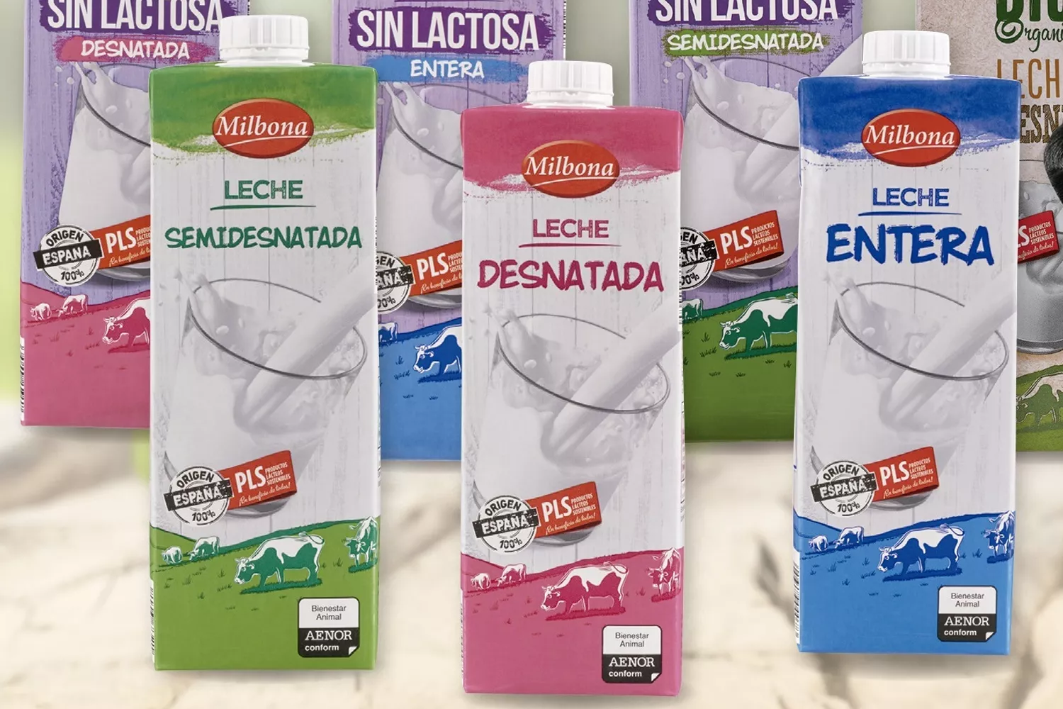 Leche entera, semidesnatada y desnatada de la marca Milbona / LIDL