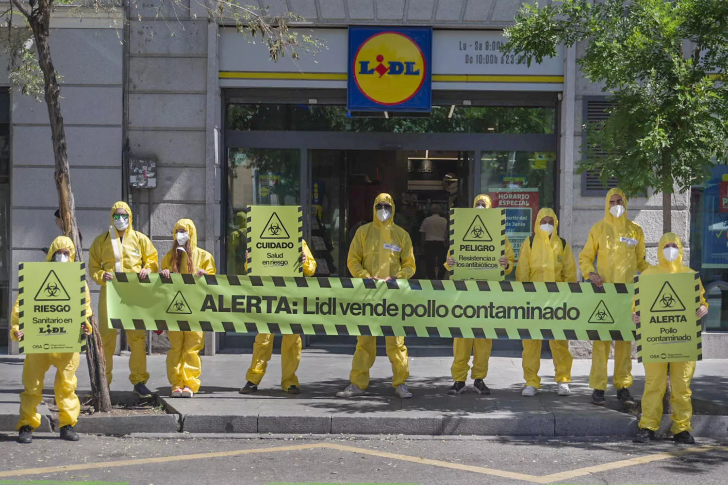 Activistas del Observatorio de Bienestar Animal protestan frente a una de las tiendas de Lidl para que la cadena deje de vender pollo contaminado / OBA