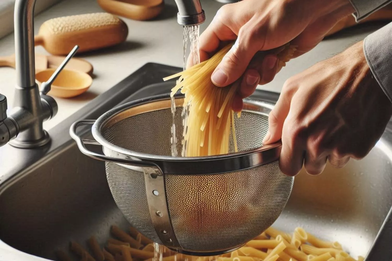 Una persona aclara la pasta con agua