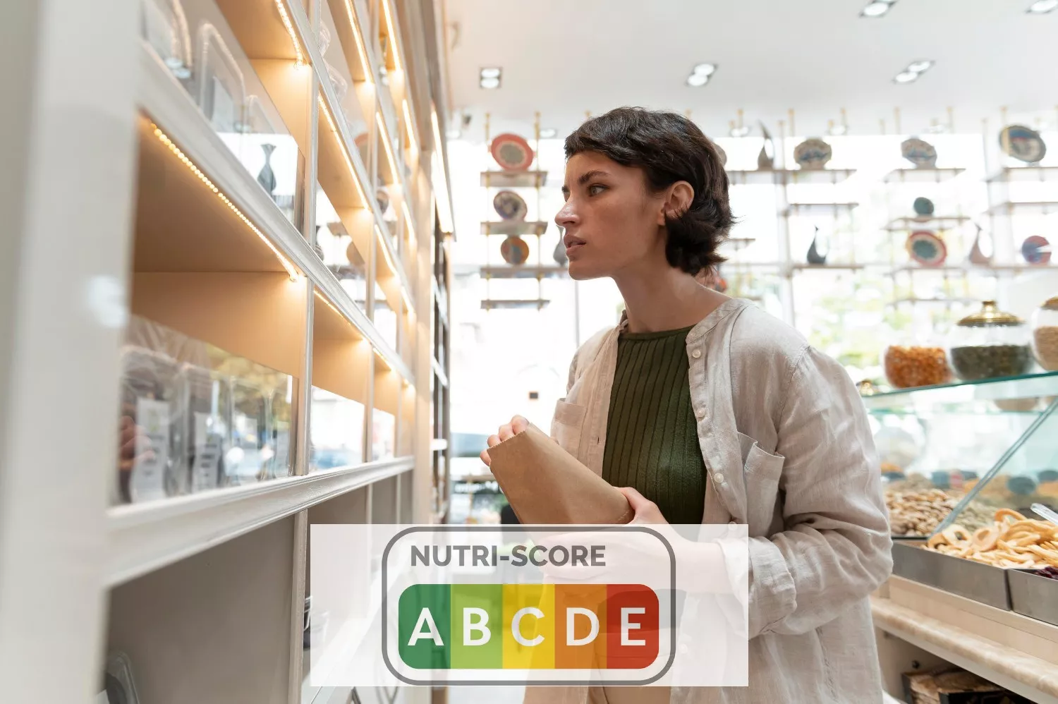 Uma mulher olha para o rótulo NutriScore de um produto no supermercado / FOMONTAGE CG (FREEPIK)