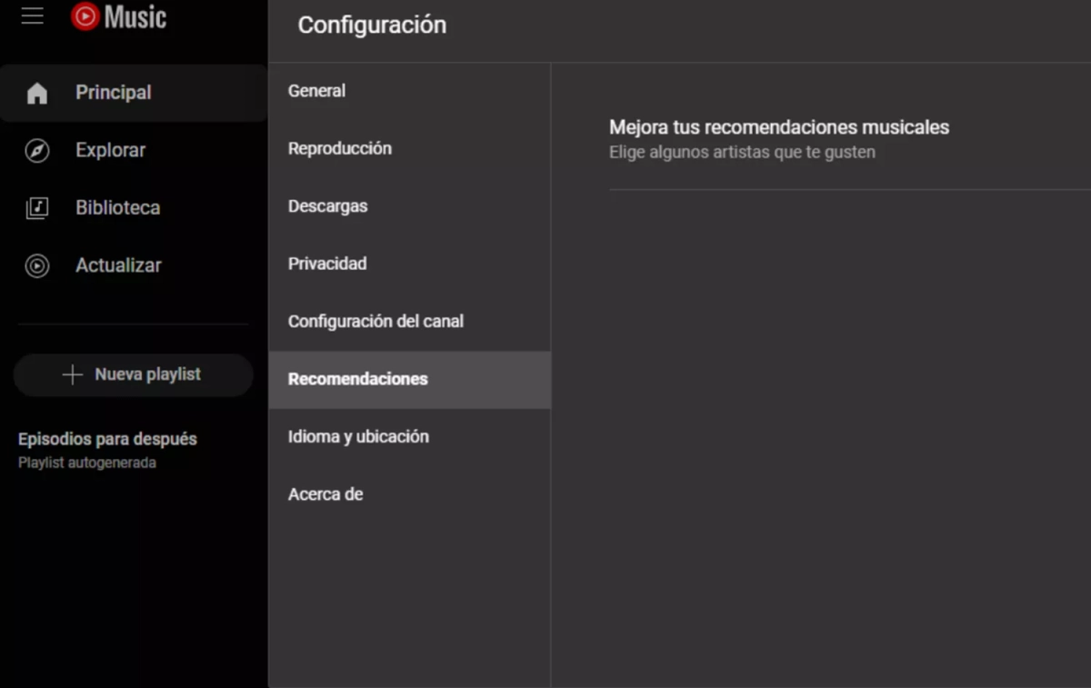 El apartado de Recomendaciones de Youtube Music / YOUTUBE MUSIC