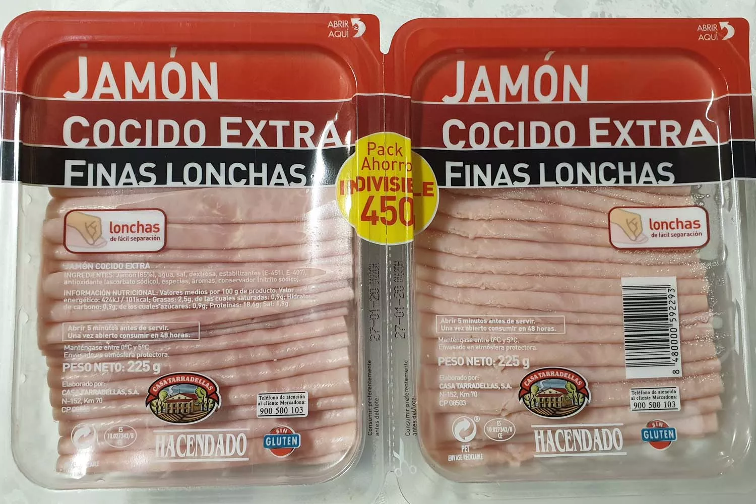 Los envases de jamón york de Hacendado a la venta en Mercadona