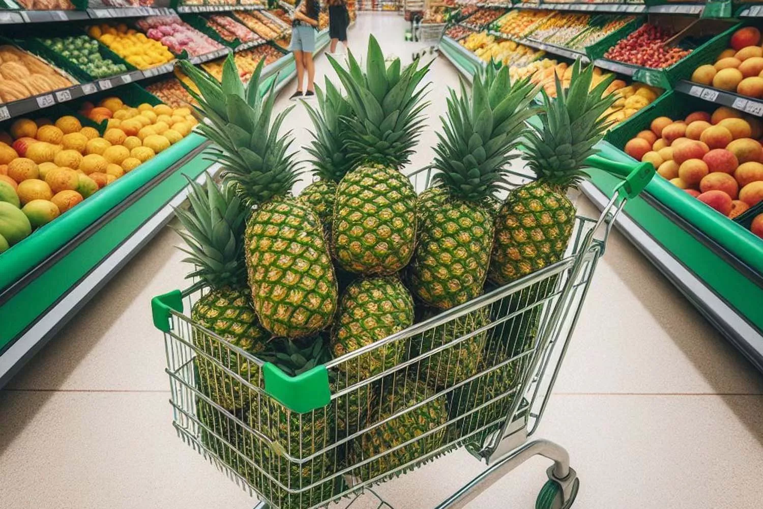 Fotomontaje de un carrito de la compra de Mercadona con piñas en su interior creado con tecnología de DALL·E 3