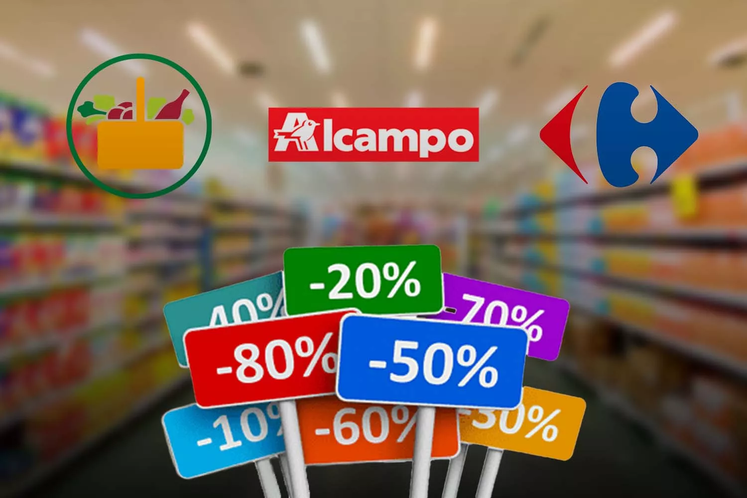 Montaje con los logos de Mercadona, Alcampo y Carrefour y diferentes descuentos / CONSUMIDOR GLOBAL