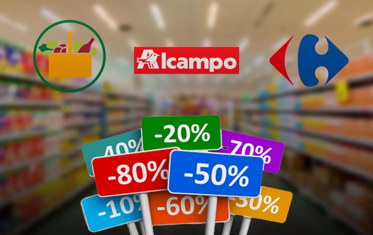 Montaje con los logos de Mercadona, Alcampo y Carrefour y diferentes descuentos / CONSUMIDOR GLOBAL