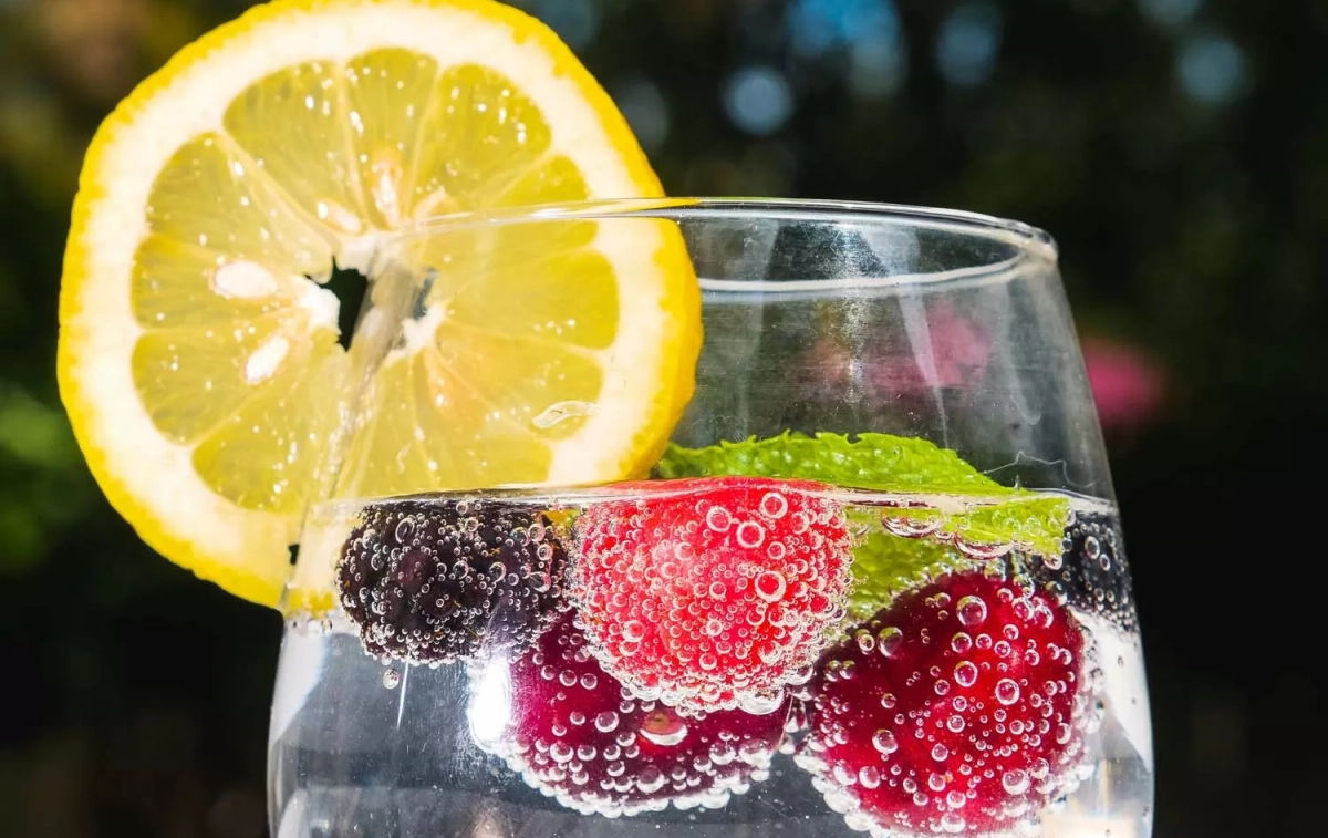 Un vaso de agua con burbujas, frutos rojos y limón / PEXELS