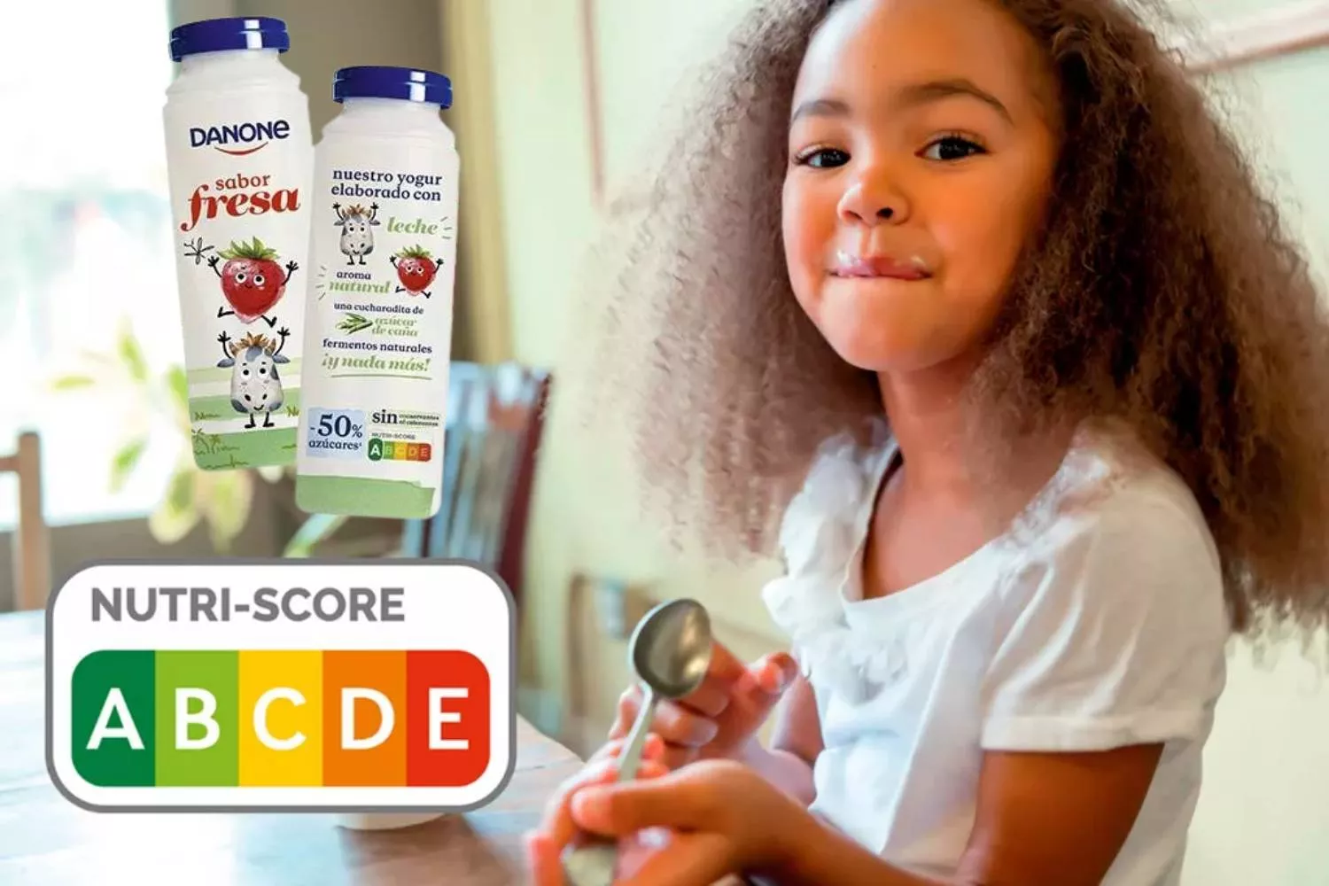 Una imagen promocional de Nutriscore junto a un yogur de Danone que incluye el semáforo nutricional / FOTOMONTAJE CG