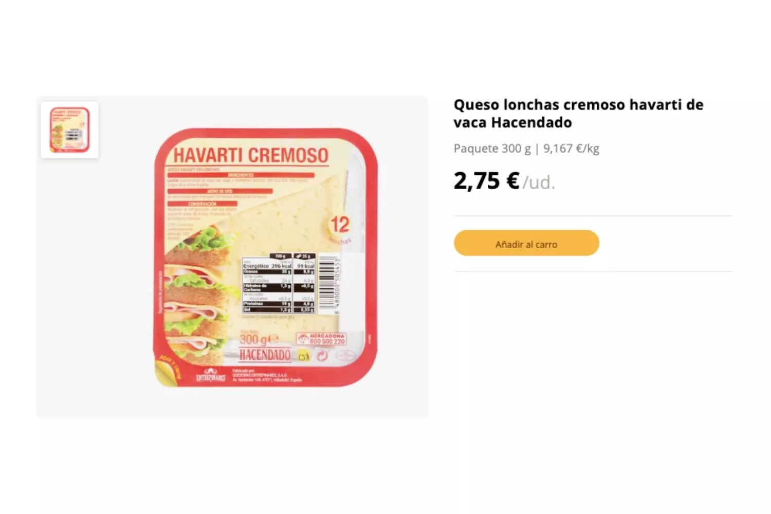 Queso lonchas cremoso havarti de Hacendado / MERCADONA