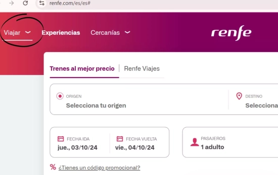 Paso 1. Seleccionar 'Viajar' / Renfe.com