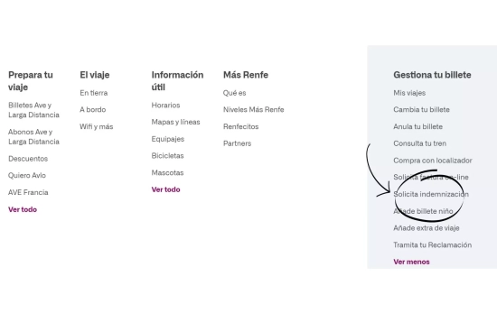 Paso 2. Clica en 'Gestiona tu billete' y después en ' Solicita Indemnización' /Renfe.com