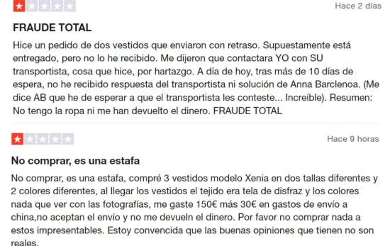 Comentarios de otros consumidores estafados /Trustpilot.com