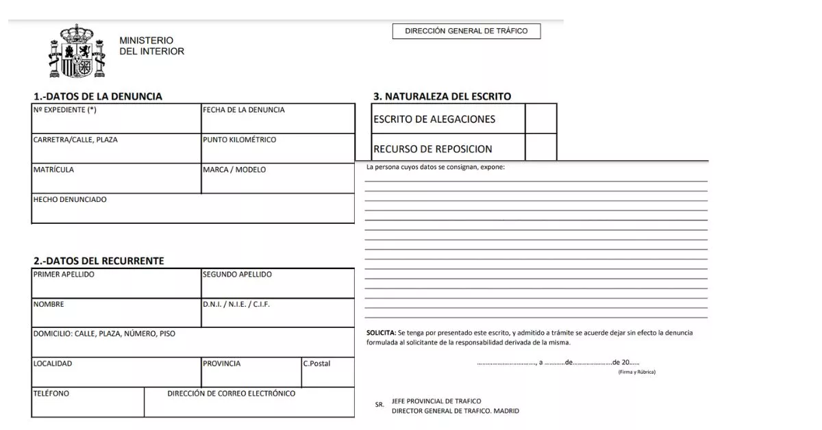 Formulario para alegaciones por multa de Tráfico/ sede.dgt.gob.es