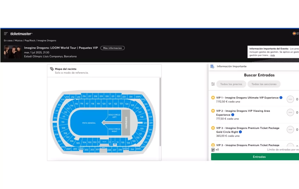 El precio de las entradas para un concierto de Imagine Dragons en Ticketmaster CAPTURA