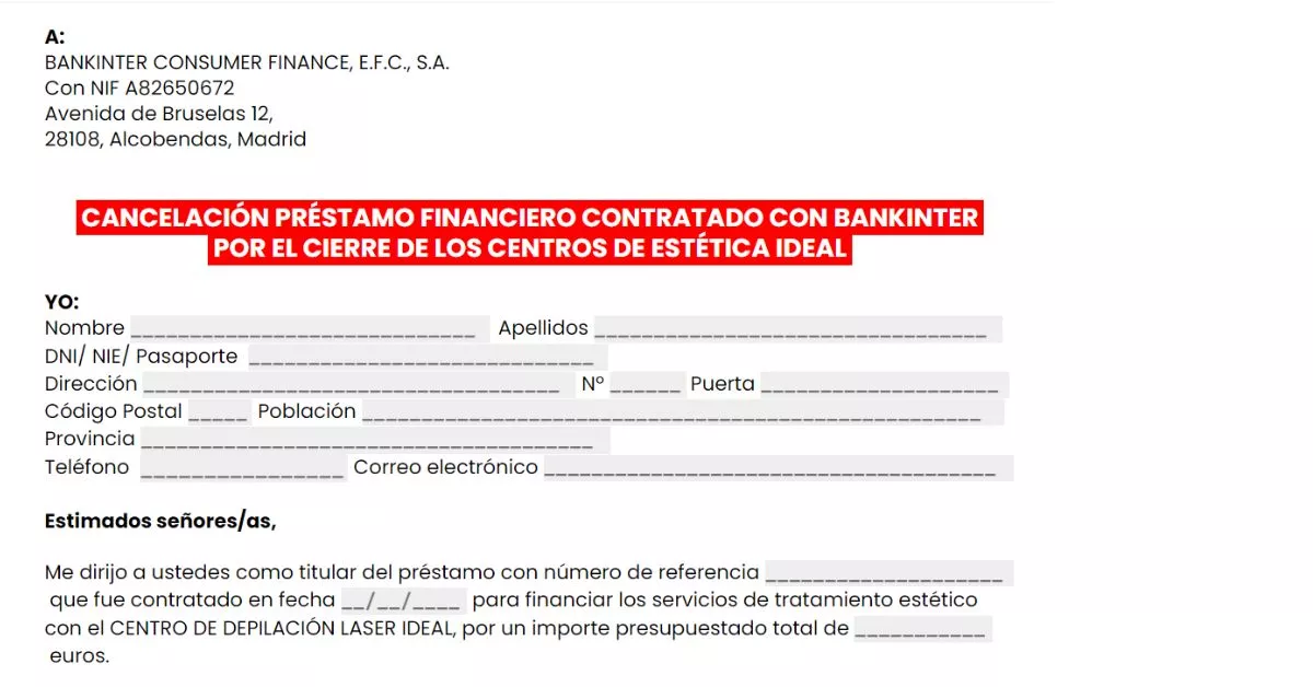 Modelo de cancelación de préstamo para solicitar a la entidad financiadora por el cierre de los Centros Ideal/ CartasSinSobre.com