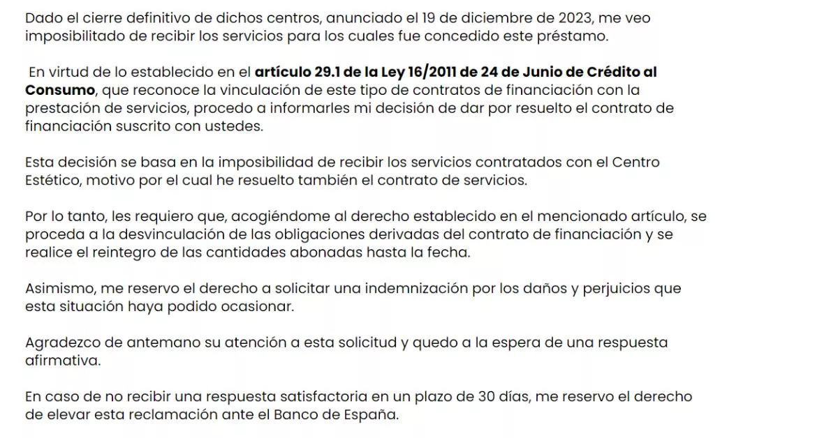 Continuación reclamación a la entidad financiadora por los Centros Ideal/ CartasSinSobre.com