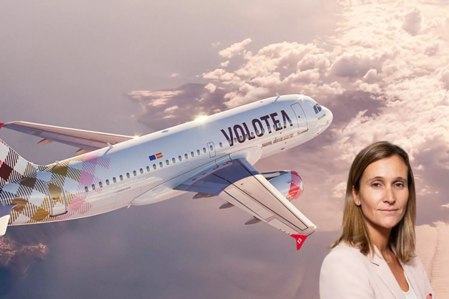 Un avión de Volotea y la directora de comunicación de la compañía, Sandra Rikić / FOTOMONTAJE CG