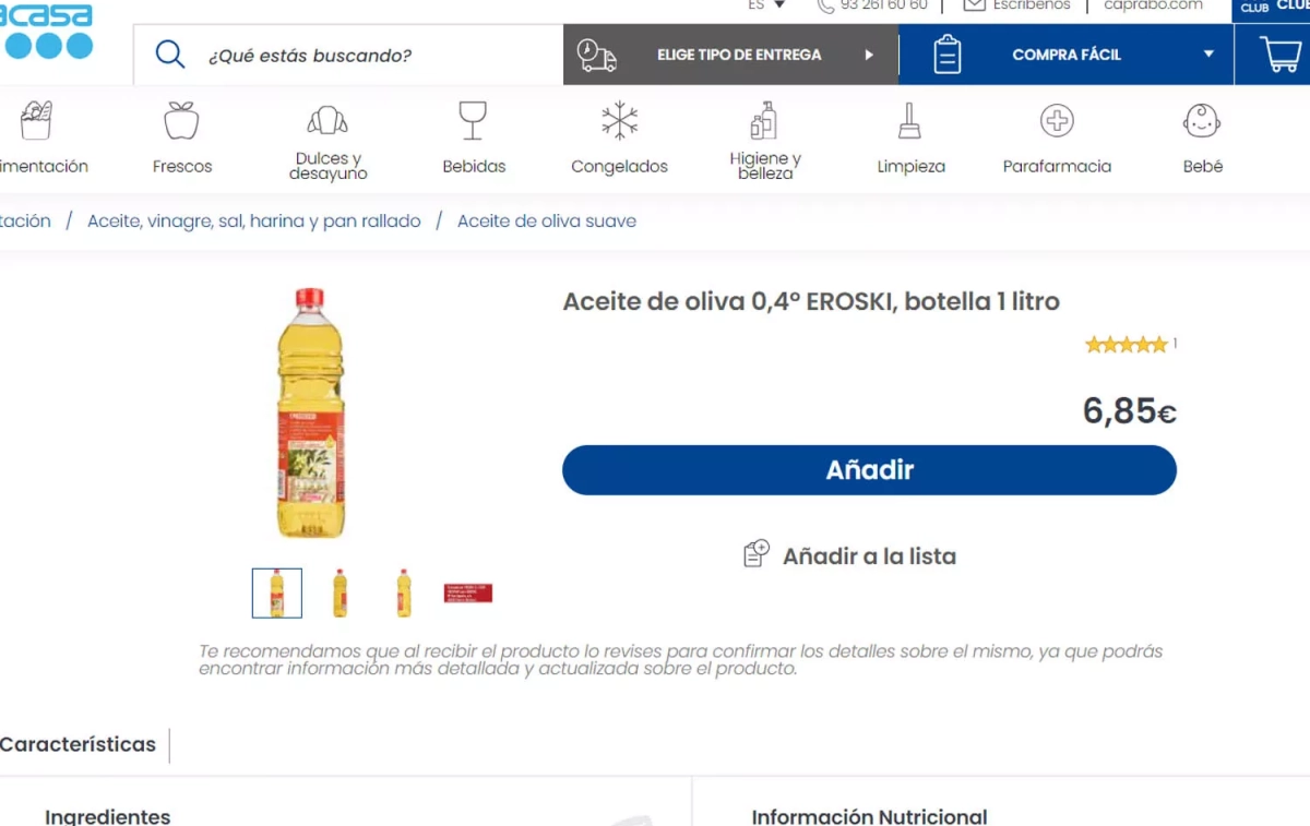 El precio del aceite de oliva de marca blanca Eroski a 18 de octubre de 2024 / CG