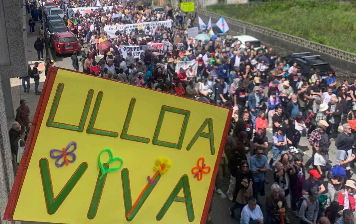 Una pancarta de Ulloa Viva y miles de personas en una de las manifestaciones contra la fábrica Altri / CEDIDA