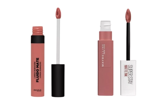  Pintalabios Fluido Mate Deliplus en tono nude rosado es un 'dupe' de Maybelline Superstay Matte Ink en tono Seductress/ Montaje CG