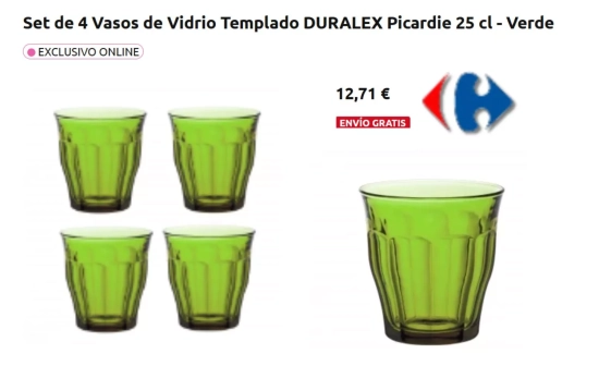 Set de 4 Vasos de Vidrio Templado DURALEX Picardie 25 cl - Verde/ CARREFOUR.ES