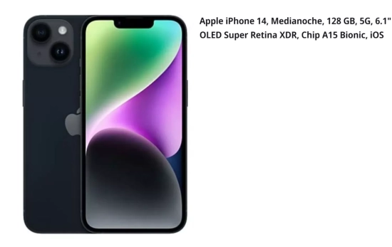 Apple iPhone 14, Medianoche, 128 GB, 5G, 6.1" OLED Super Retina XDR, Chip A15 Bionic, iOS/ MEDIAMARKT.ES