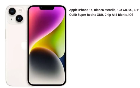 Apple iPhone 14,Blanco Estrella, 128 GB, 5G, 6.1" OLED Super Retina XDR, Chip A15 Bionic, iOS /MEDIAMARKT.ES