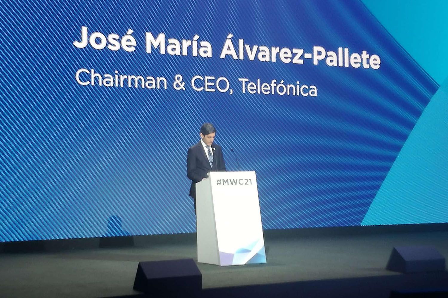 El presidente de Telefónica, José María Álvarez-Pallete, en el discurso inaugural del MWC 21 / CG