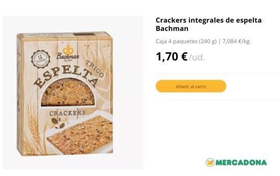 Crackers integrales de espelta Bachman (1,70 euros)/ MERCADONA.ES