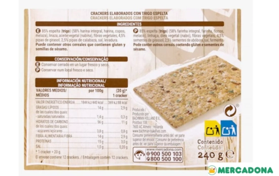 Crackers integrales de espelta Bachman ingredientes/ MERCADONA.ES