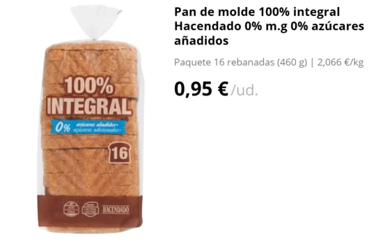 Pan de molde 100% integral familiar de Mercadona/ MERCADONA.ES